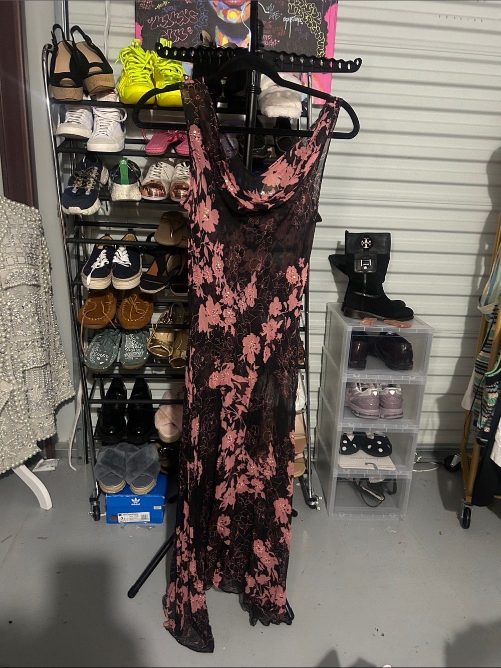 Black and Pink Floral Cowl Neck Sheer Maxi Dress No tag no size tag small med
